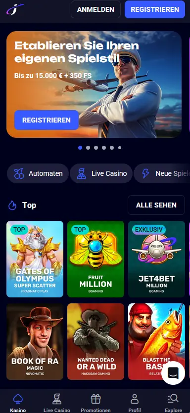 Mobile Ansicht der Jet4Bet-Website mit Spielkategorien und Top-Spielen