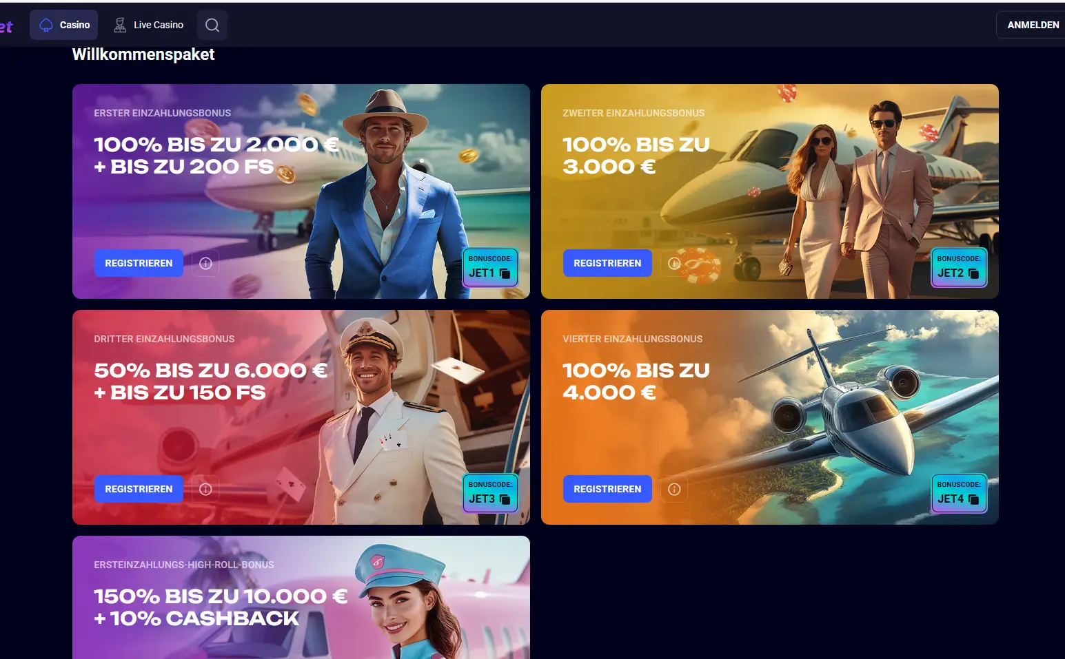 Vierstufiges Willkommenspaket von Jet4Bet mit den Bonuscodes JET1 bis JET4