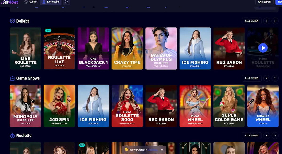 Live-Casino-Lobby von Jet4Bet mit Roulette, Blackjack und Game-Show-Tischen