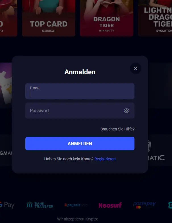 Anmeldeformular für den Jet4Bet-Login mit E-Mail und Passwort