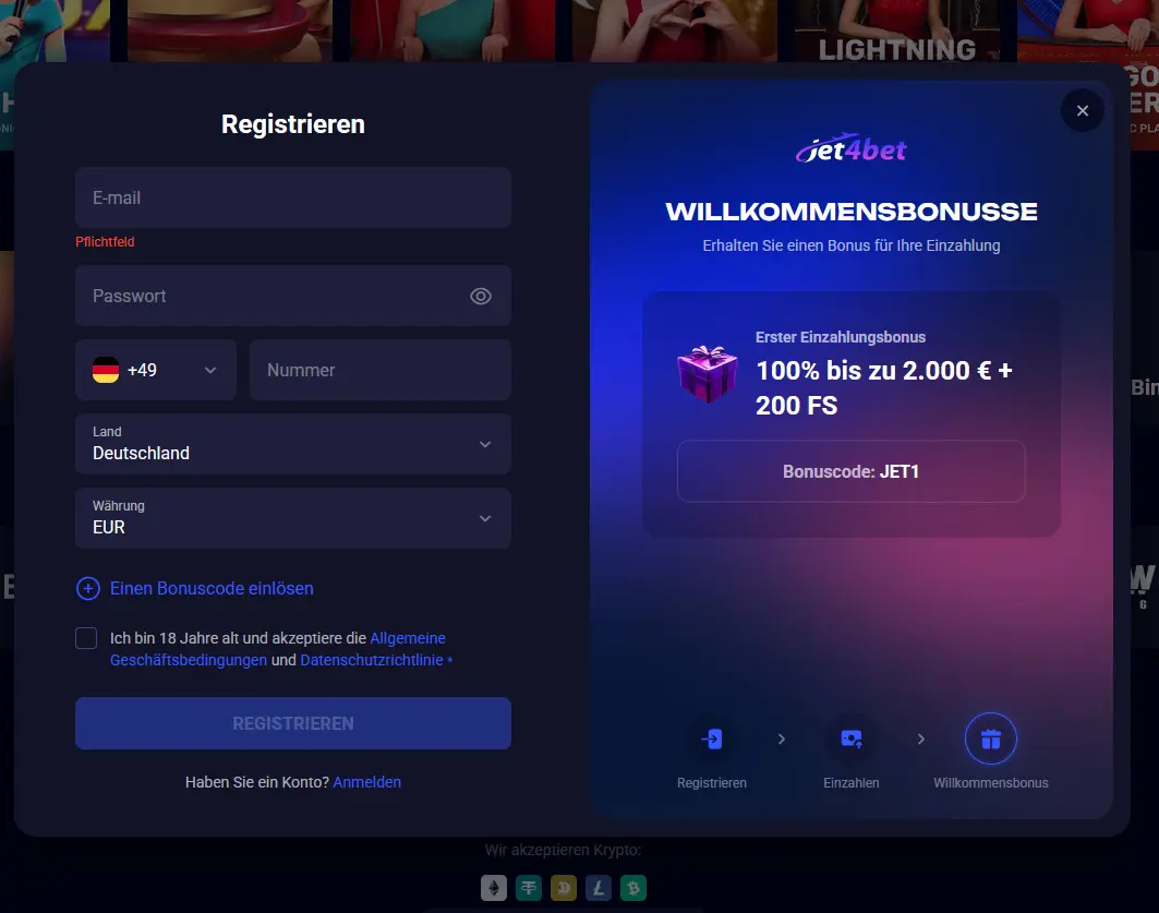 Registrierungsformular der Jet4Bet-App mit Willkommensbonus-Anzeige