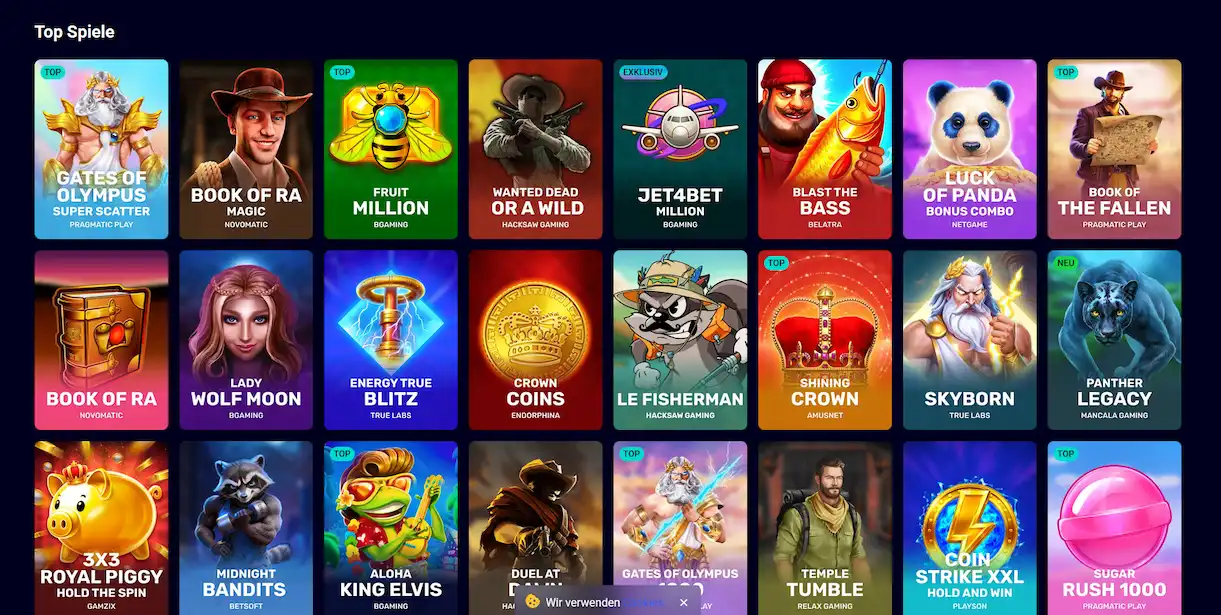 Übersicht beliebter Spielautomaten bei Jet4Bet, darunter Gates of Olympus und Fruit Million